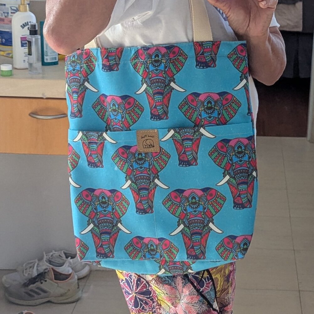 Cute and Colorful Tote Bag from Indonesia-Blue Elephant Fabric-pre-owned